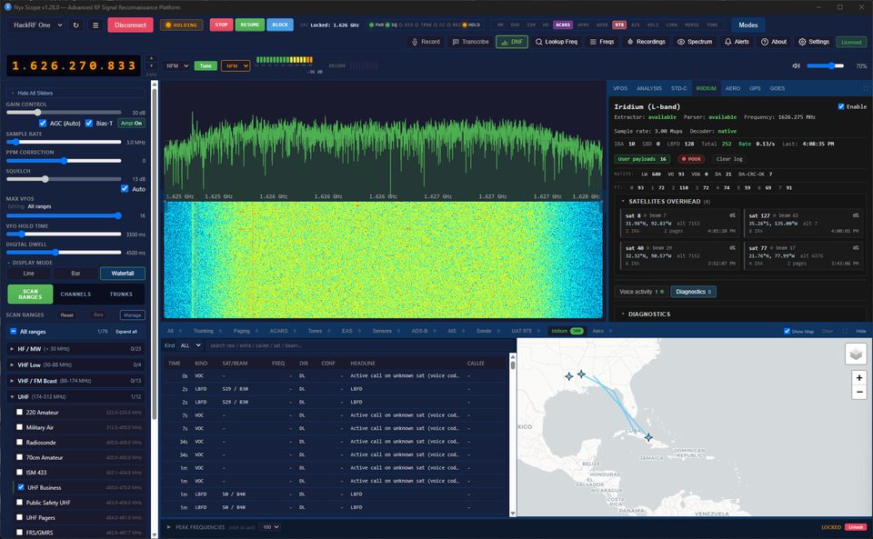 NyxScope decoding Iridium satellite bursts on L-band, with a live map