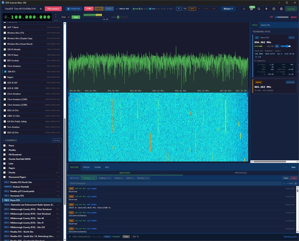 NyxScope following a P25 trunked radio system, with spectrum waterfall and talkgroups